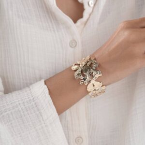 Gold Leaf and Flower Statement Cuff Bracelet