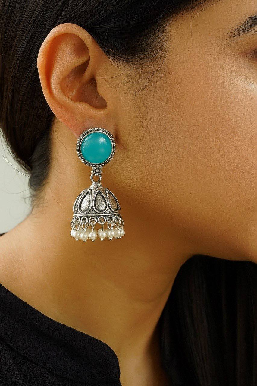 Pack of 4 Handcrafted Oxidised Silver Jhumka Earrings with Vibrant Stone Studs and Pearl Drops - Image 4