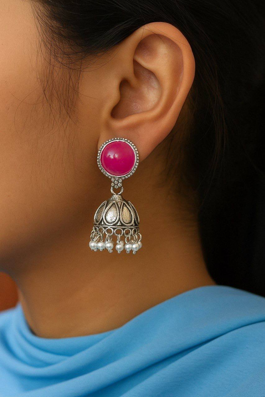 Pack of 4 Handcrafted Oxidised Silver Jhumka Earrings with Vibrant Stone Studs and Pearl Drops - Image 5