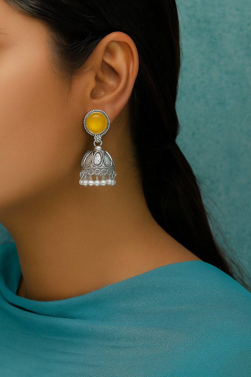 Pack of 4 Handcrafted Oxidised Silver Jhumka Earrings with Vibrant Stone Studs and Pearl Drops - Image 3