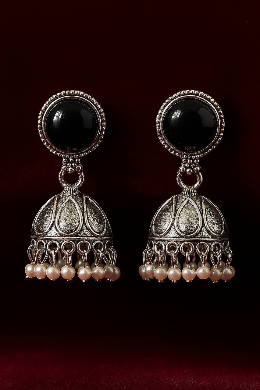 Pack of 4 Handcrafted Oxidised Silver Jhumka Earrings with Vibrant Stone Studs and Pearl Drops - Image 2