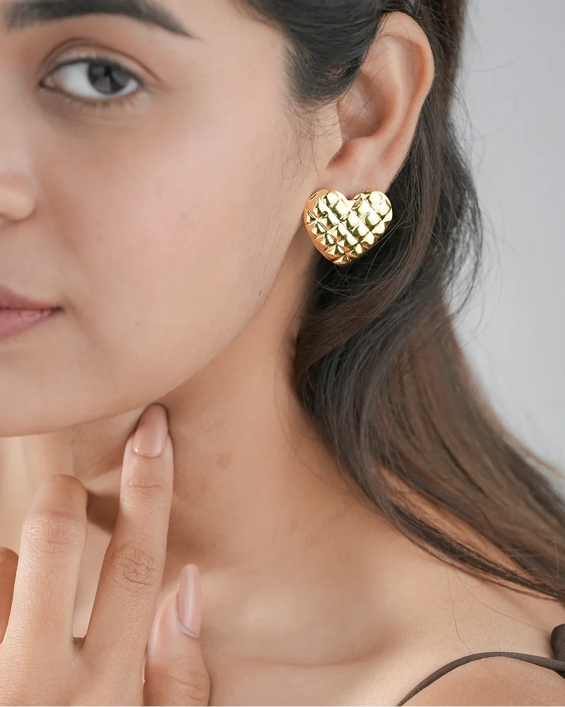 Combo Set of 2: Gold Flame-Style Studs and Textured Heart Earrings - Image 4