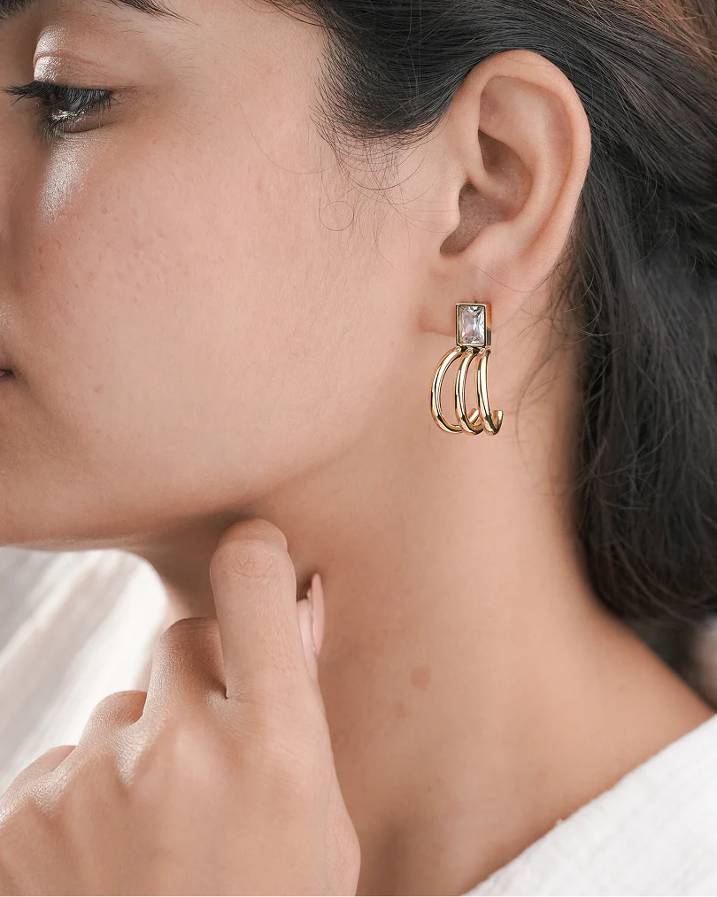 Elegant 3-Layer Gold Hoops with Sparkling Rectangular Stone - Image 4