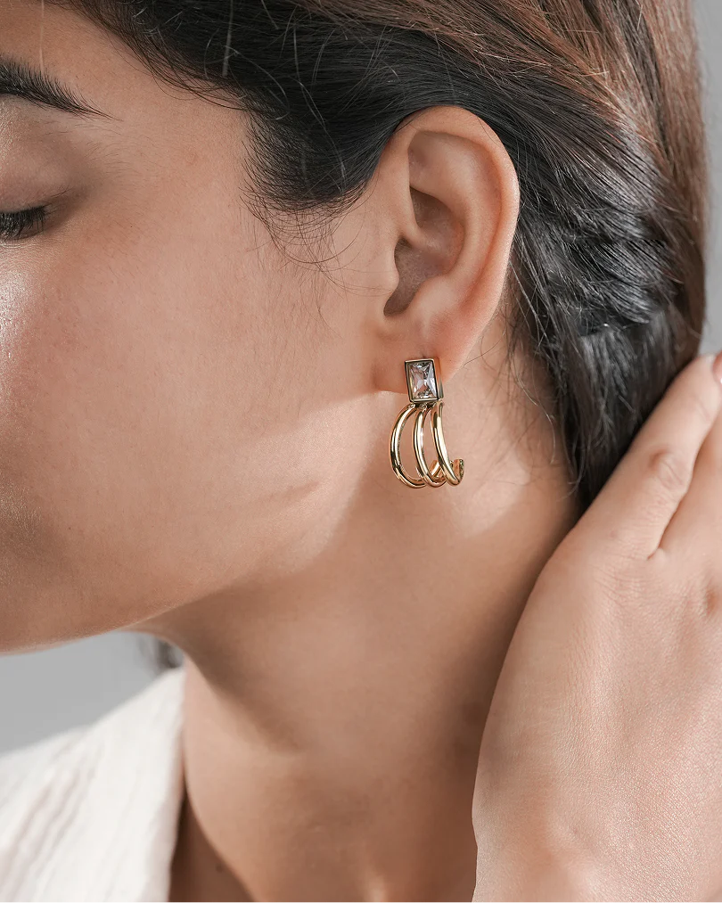 Elegant 3-Layer Gold Hoops with Sparkling Rectangular Stone - Image 3