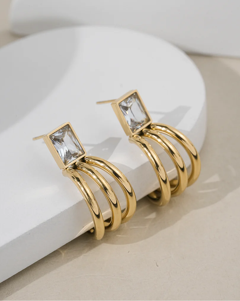 Elegant 3-Layer Gold Hoops with Sparkling Rectangular Stone