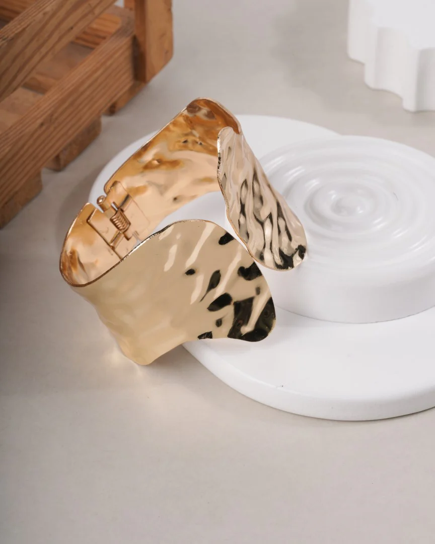 Abstract Molten Gold Cuff – Wavy Textured Statement Bracelet - Image 4