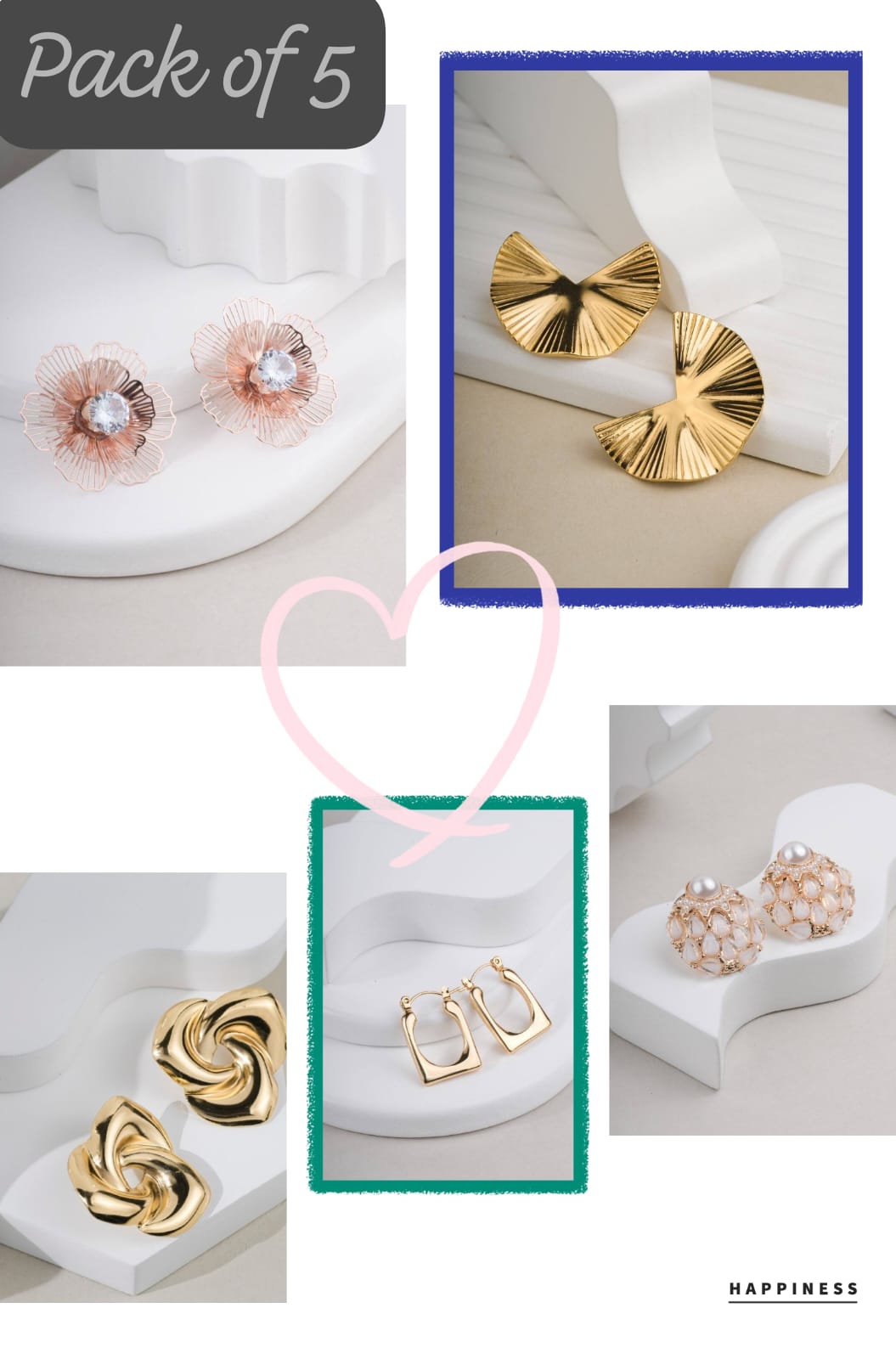 Elite Glamour Collection: Pack of 5 Premium Statement Earrings – Gold & Rose Gold Finishes