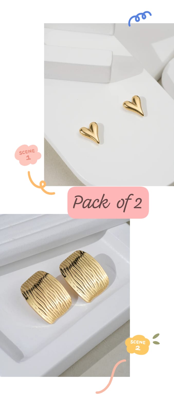 Combo Set of 2: Gold Mini Hearts and Modern Striped Studs