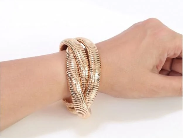 Gold Tubogas Flexible Snake Chain Bangle - Stackable Metallic Coil Wrap Bracelet for Women - Image 2